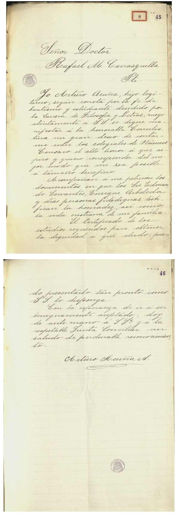 Carta dirigida al rector Rafael María Carrasquilla por parte del estudiante Arturo Acuña, 1903.  AHUR, Caja 77, folio 45 y 46
